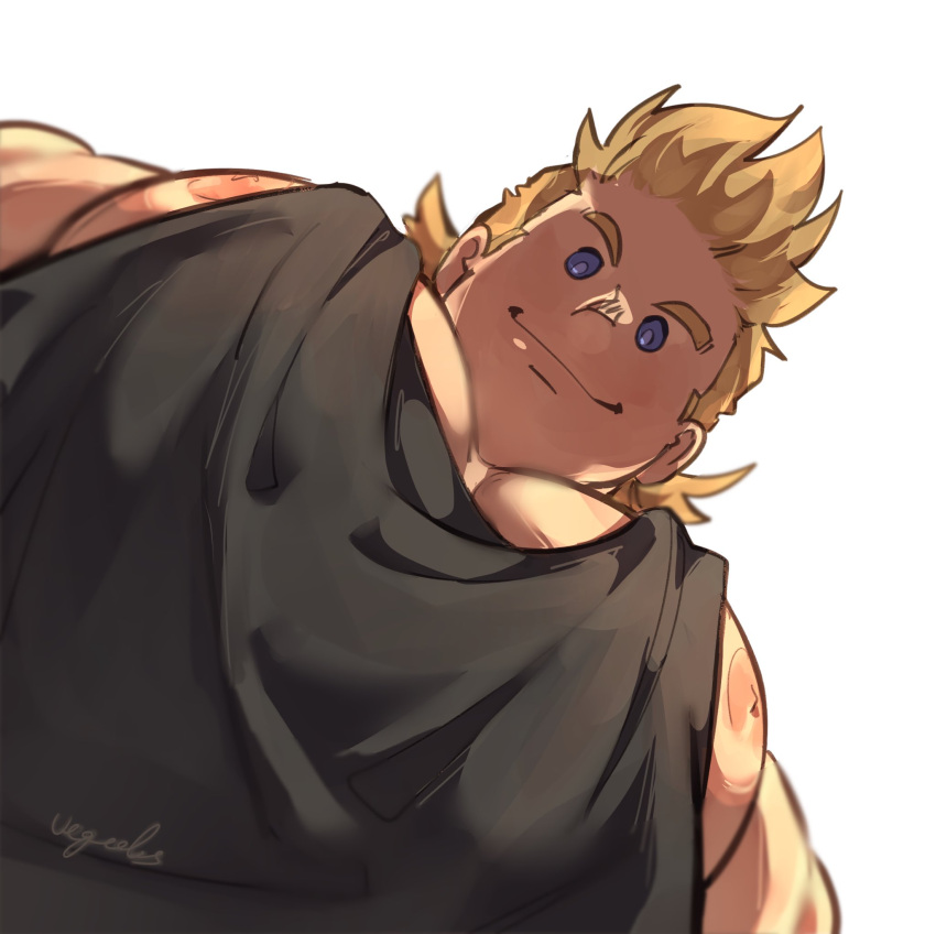 1boy addy_(@vegeebs) artist_name bara black_tank_top blonde_hair blue_eyes boku_no_hero_academia closed_mouth highres large_pectorals looking_at_viewer male_focus meme muscular muscular_male nipples pectorals short_hair simple_background smile solo tank_top togata_mirio upper_body white_background