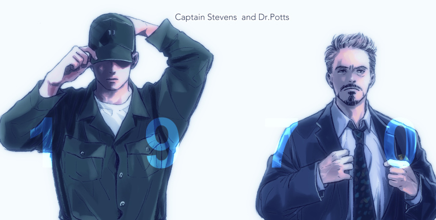 2boys arms_up avengers:_endgame avengers_(series) baseball_cap black_jacket black_necktie brown_eyes brown_hair buttons closed_mouth collared_jacket collared_shirt facial_hair green_headwear green_jacket hands_up hat jacket long_sleeves looking_at_viewer male_focus marvel marvel_cinematic_universe military_uniform multiple_boys necktie noknmni open_clothes open_jacket pocket shirt short_hair simple_background standing steve_rogers suit t-shirt tony_stark uniform v-shaped_eyebrows white_background white_shirt