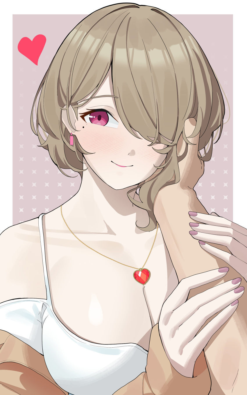 1boy 1girl absurdres border breasts brown_hair dress haerge hair_over_one_eye hand_on_another's_cheek hand_on_another's_face heart heart_necklace highres honkai_(series) honkai_impact_3rd jewelry long_sleeves looking_at_viewer mole mole_under_eye nail_polish necklace pov pov_hands purple_eyes rita_rossweisse short_hair smile white_border