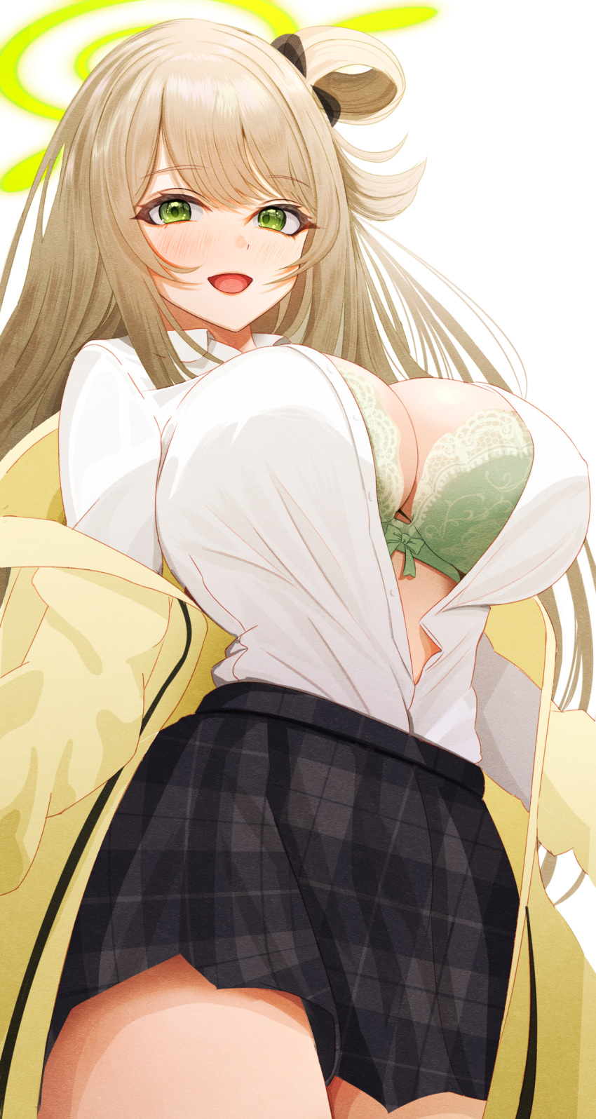 1girl absurdres black_skirt blue_archive blush bra breasts collared_shirt cowboy_shot green_bra green_eyes green_halo halo highres jacket large_breasts light_brown_hair long_hair long_sleeves looking_at_viewer ni_tamago_sando nonomi_(blue_archive) open_mouth pleated_skirt shirt simple_background skirt smile solo underwear white_background white_shirt yellow_jacket