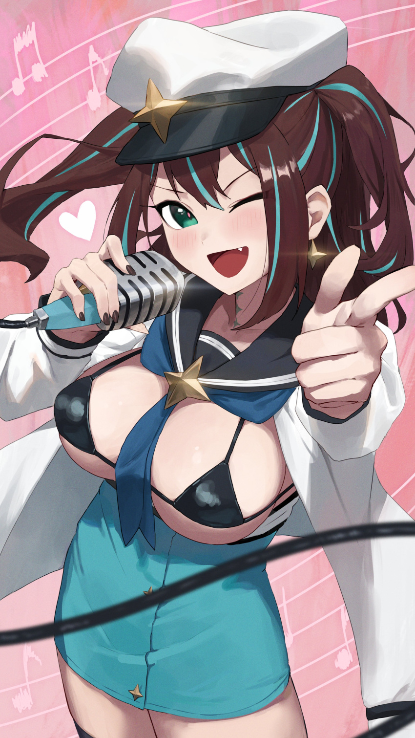 1girl absurdres akoya_matama aqua_hair aqua_skirt bikini black_bikini black_hair black_sailor_collar blue_neckerchief blush breasts commentary_request fang gomashiwo_o green_eyes hair_between_eyes heart highres holding holding_microphone jacket large_breasts loco_musica long_hair long_sleeves looking_at_viewer mahou_shoujo_ni_akogarete microphone multicolored_hair musical_note_background neckerchief open_clothes open_jacket open_mouth pink_background pointing pointing_at_viewer puffy_long_sleeves puffy_sleeves sailor_collar skirt smile solo streaked_hair swimsuit two_side_up white_headwear white_jacket