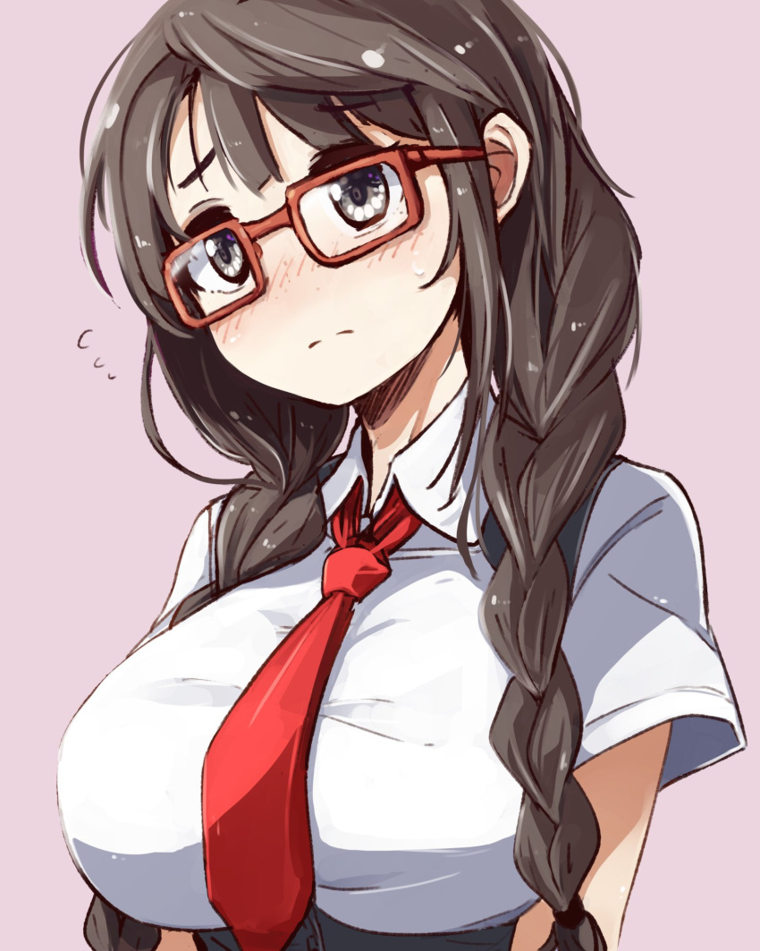 1girl aki_(sangetusei) blush braid breasts brown_eyes brown_hair closed_mouth freckles glasses highres idolmaster idolmaster_cinderella_girls idolmaster_cinderella_girls_starlight_stage large_breasts long_hair looking_at_another necktie no_nose okuyama_saori pink-framed_eyewear pink_background red_necktie shirt short_sleeves shy simple_background solo sweatdrop twin_braids twintails white_shirt