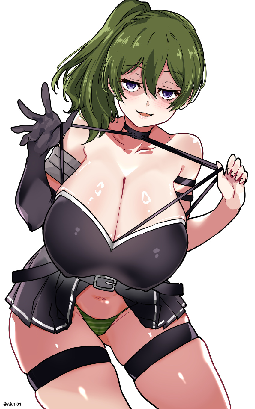 1girl :d absurdres aiuti alternate_breast_size bare_shoulders belt black_gloves blush breasts camel cleavage elbow_gloves gloves green_hair highres large_breasts long_hair looking_at_viewer panties purple_eyes side_ponytail simple_background single_glove skindentation skirt smile solo sousou_no_frieren striped_clothes striped_panties thigh_strap ubel_(sousou_no_frieren) underwear white_background