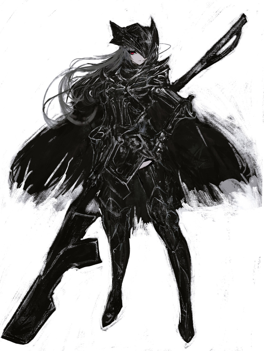 1girl :| absurdres armor black_cape breastplate cape closed_mouth expressionless floating_hair full_body gauntlets greaves grey_hair hand_on_own_hip highres holding holding_behind_back holding_polearm holding_weapon legs_apart long_hair one_eye_covered original pointy_hat polearm red_eyes sabaton sidelocks simple_background solo spear standing tuda6 vambraces weapon white_background