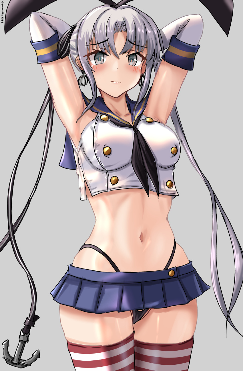 1girl absurdres ahoge akitsushima_(kancolle) armpits arms_behind_head arms_up black_hairband black_neckerchief black_panties blue_skirt breasts cosplay crop_top elbow_gloves gloves grey_background grey_eyes grey_hair hair_ribbon hairband highleg highleg_panties highres kantai_collection long_hair looking_at_viewer medium_breasts microskirt mizuki_(uzuki_no_sato) navel neckerchief panties pleated_skirt ribbon sailor_collar shimakaze_(kancolle) shimakaze_(kancolle)_(cosplay) side_ponytail sidelocks simple_background skirt solo standing striped_clothes striped_thighhighs thighhighs thong underwear white_gloves
