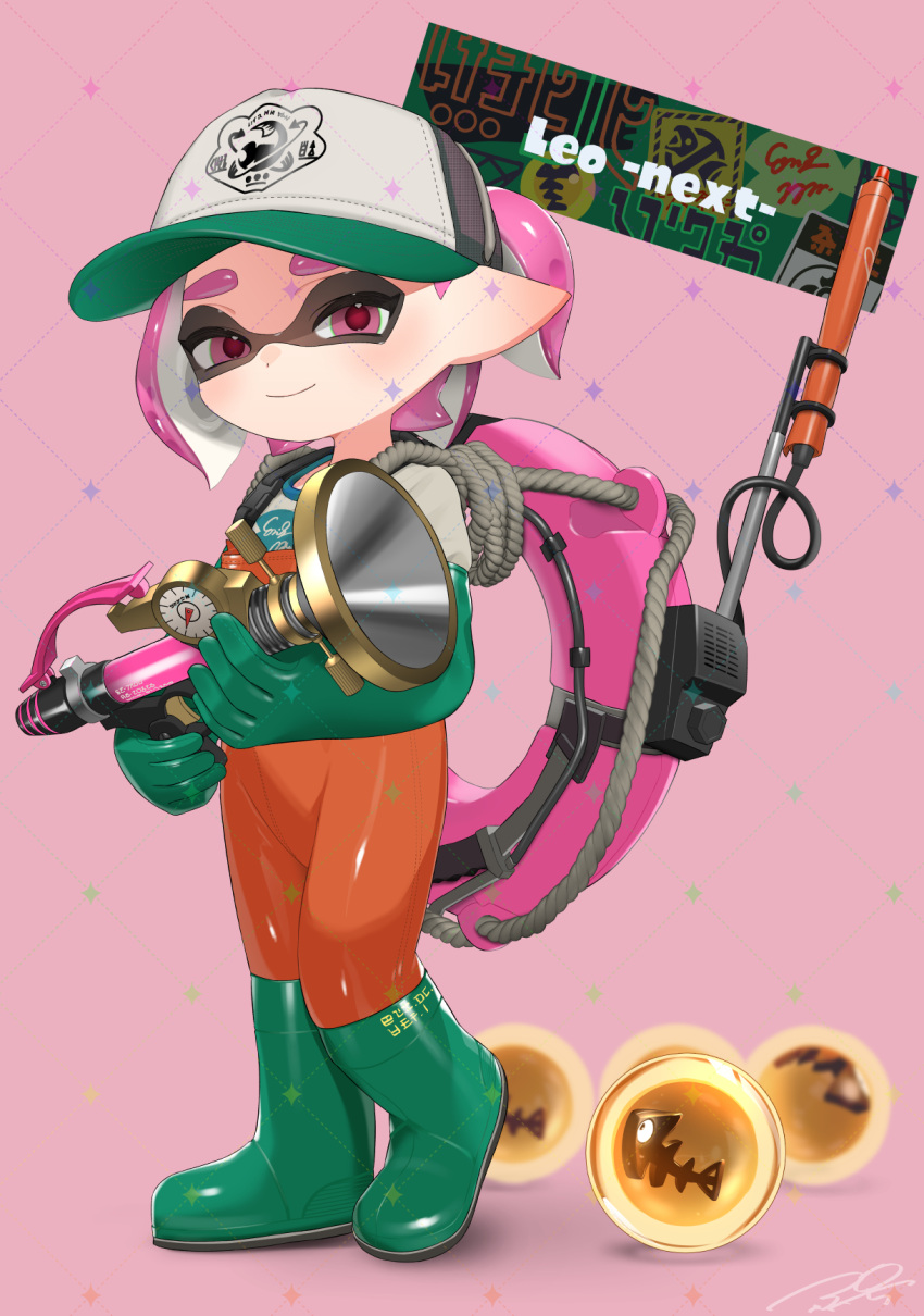 1girl baseball_cap boots closed_mouth commentary commission full_body gloves golden_egg green_footwear green_gloves gun hat highres holding holding_gun holding_weapon inkling inkling_girl inkling_player_character jumpsuit lifebuoy looking_at_viewer orange_jumpsuit pink_background pink_eyes pink_hair pointy_ears print_headwear puchiman rubber_boots rubber_gloves salmon_run_(splatoon) short_hair simple_background smile solo splashtag_(splatoon) splatoon_(series) splatoon_3 sploosh-o-matic_(splatoon) standing swim_ring tentacle_hair thick_eyebrows weapon