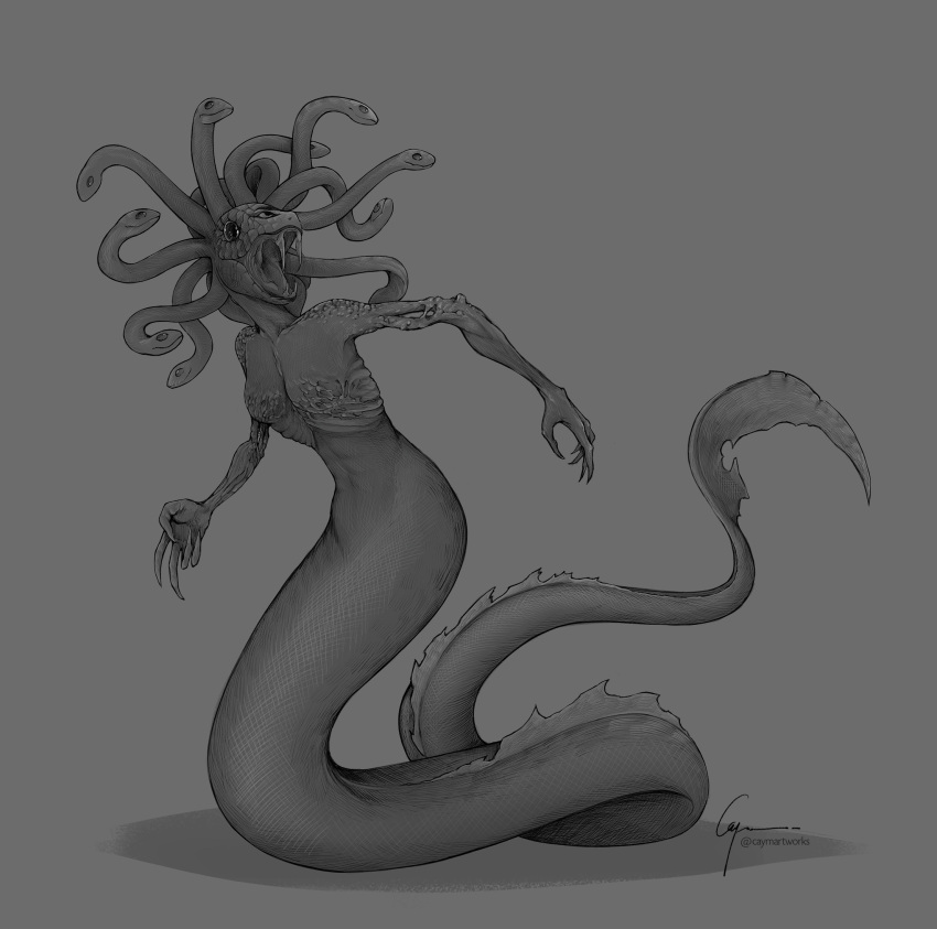 2021 apode bared_teeth breasts caymartworks draconcopode featureless_breasts featureless_crotch female frill_(anatomy) full-length_portrait grey_background greyscale hi_res hole_(anatomy) legless living_hair long_fangs long_fingers monochrome naga nude open_mouth portrait pseudo_hair reptile ribs rotting_flesh scales scalie serpentine sharp_fangs simple_background snake snake_hair solo tail tail_frill