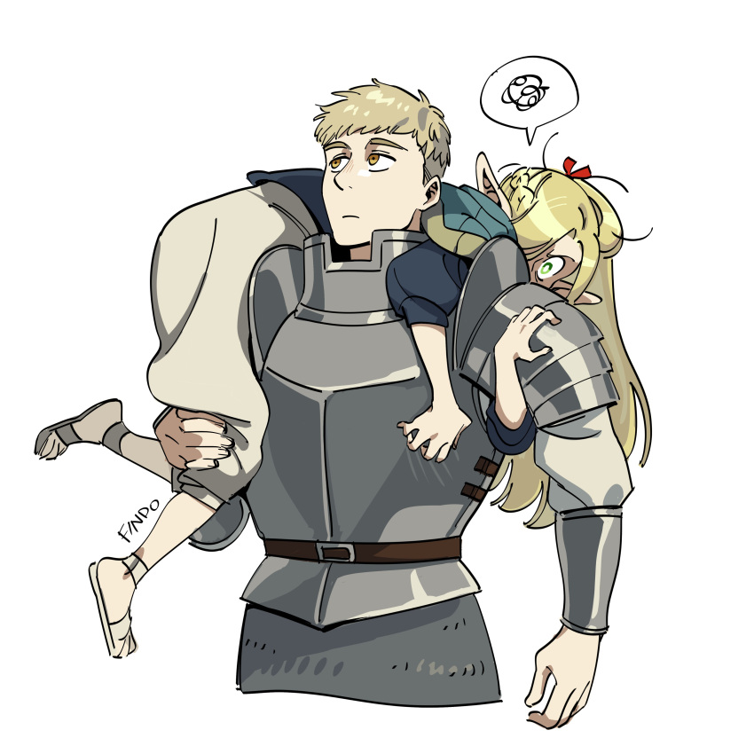 1boy 1girl absurdres angry armor blonde_hair blue_robe carrying carrying_over_shoulder carrying_person chainmail closed_mouth dungeon_meshi elf findoworld green_eyes highres hooded_robe laios_thorden long_hair long_sleeves looking_at_another marcille_donato pointy_ears robe scribble short_hair shoulder_armor simple_background speech_bubble upper_body white_background