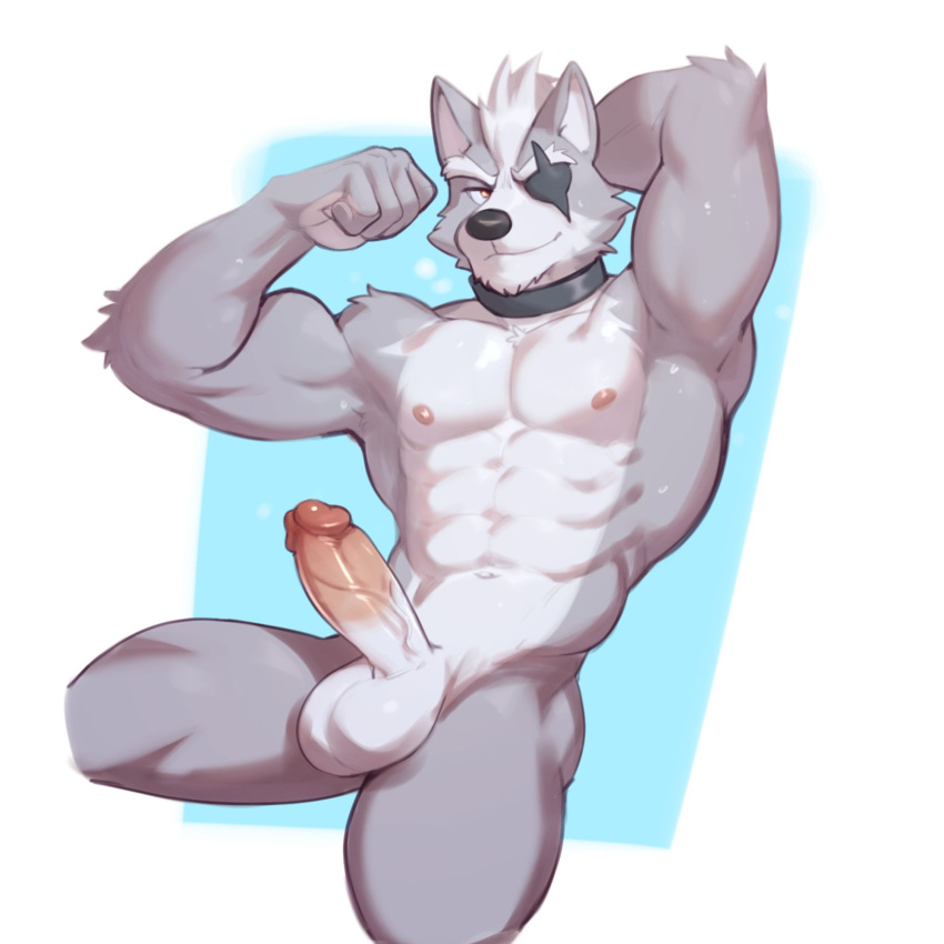 2024 abs anthro balls barazoku biceps big_balls big_muscles big_penis blue_background border canid canine canis collar erection eye_patch eyebrows eyewear flexing fur genitals hair hand_behind_head hi_res humanoid_genitalia humanoid_penis jrjresq looking_at_viewer male mammal muscular muscular_anthro muscular_male navel nintendo nipples nude obliques pecs penis serratus simple_background sitting smile solo star_fox thick_thighs tuft vein white_border wolf wolf_o'donnell