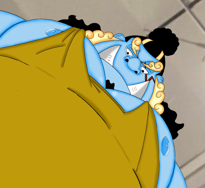 1boy bara black_hair blue_skin colored_skin costixdxd curly_eyebrows expressionless facial_hair fish_boy flat_color foreshortening goatee half-closed_eyes highres jinbe_(one_piece) large_pectorals looking_at_viewer looking_down male_focus mature_male meme monster_boy muscular muscular_male nipple_slip nipples one_piece pectoral_cleavage pectoral_focus pectorals photo-referenced short_hair sidepec solo tank_top thick_eyebrows tusks upper_body yellow_tank_top yur_oc_like_this_(meme)