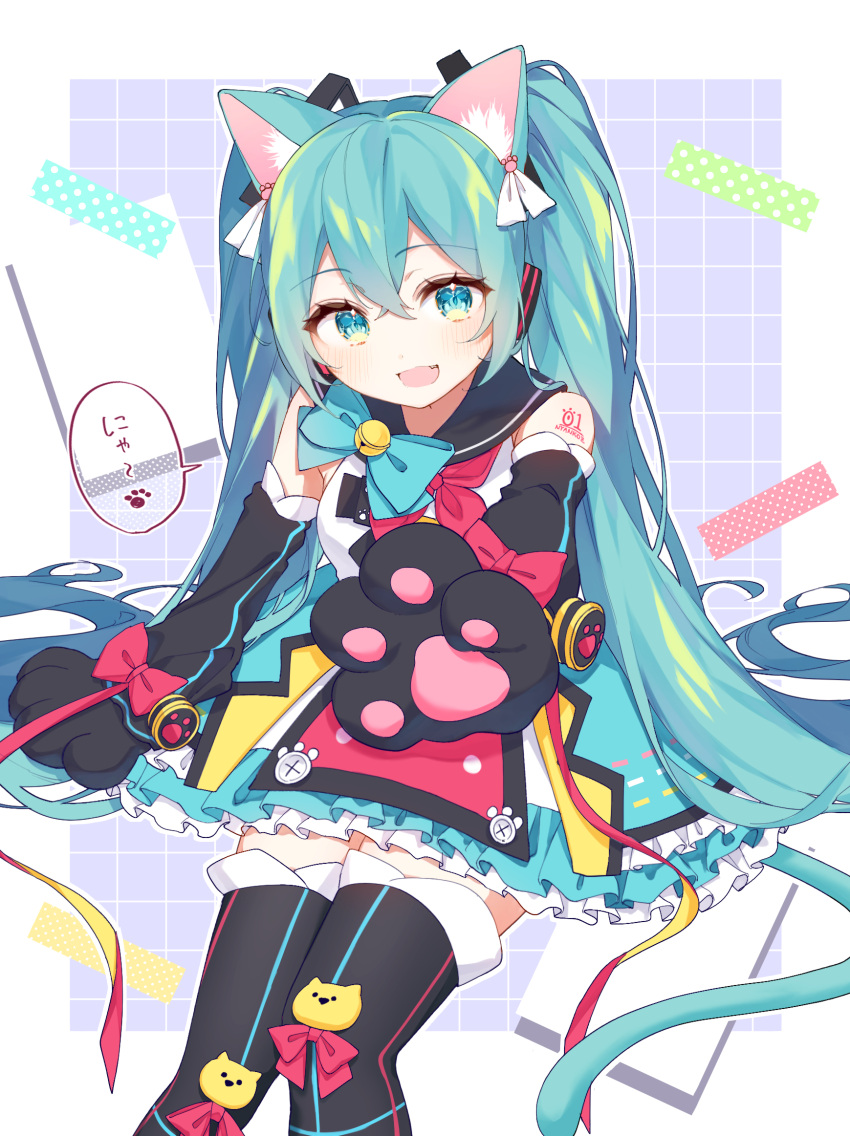 1girl alternate_costume animal_ears animal_hands aqua_bow aqua_bowtie aqua_dress bell black_thighhighs border bow bowtie cat_ears cat_tail commentary drawing_kanon dress feet_out_of_frame gloves green_eyes green_hair grid_background hatsune_miku highres long_hair looking_at_viewer miku_day multicolored_clothes multicolored_dress neck_bell open_mouth paw_gloves purple_background red_dress simple_background smile solo speech_bubble tail thighhighs translated very_long_hair vocaloid