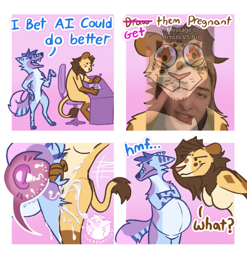 4_panel_comic andromorph andromorph/gynomorph andromorph_penetrated anthro anthro_on_anthro anthro_penetrated anthro_penetrating anthro_penetrating_anthro bedroom_eyes blue_body blue_fur blue_hair bodily_fluids breasts brown_body brown_fur brown_hair canid canine cum cum_in_pussy cum_inside cumshot dialogue doggystyle dot_eyes duo ejaculation english_text featureless_breasts felid fox from_behind_position fur genital_fluids green_markings gynomorph gynomorph_penetrating gynomorph_penetrating_andromorph gynomorph_penetrating_intersex hair half-closed_eyes hi_res humor impregnation instant_loss_2koma intersex intersex/intersex intersex_penetrated intersex_penetrating intersex_penetrating_andromorph intersex_penetrating_intersex lion luckfoxo33 mammal markings narrowed_eyes open_mouth open_smile orgasm ovum pantherine penetration penile penile_penetration penis_in_pussy pink_background pregnant purple_body purple_fur seductive sex sharp_teeth simple_background smile smirk smug smug_face sperm_cell standing_doggystyle tail tail_grab tail_tuft tan_body tan_fur tatum_(tolng) teeth text tolng trans_(lore) trans_man_(lore) trans_woman_(lore) tuft vaginal vaginal_penetration yellow_body yellow_fur