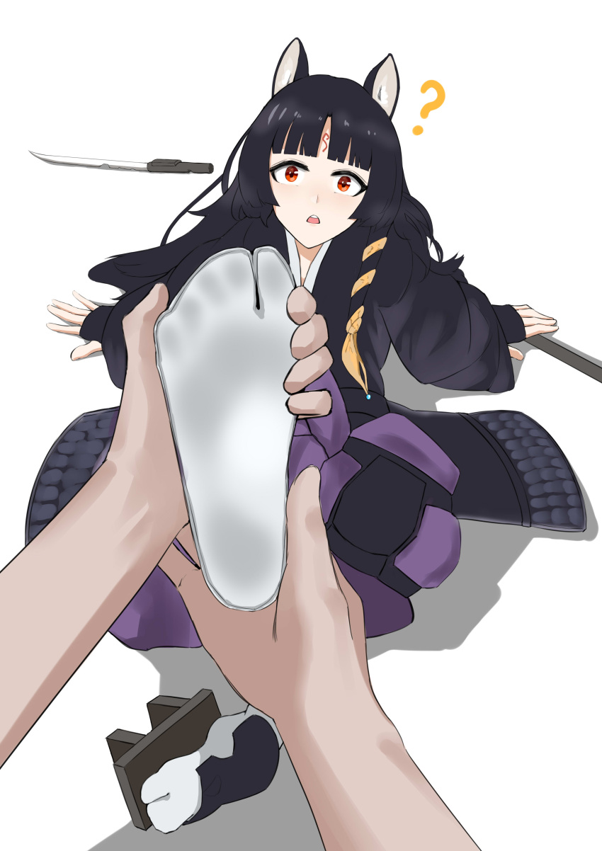 1girl ? absurdres animal_ears arknights black_hair dog_ears feet fingerless_gloves gloves highres holding_another's_foot long_hair looking_at_viewer no_shoes open_mouth red_eyes saga_(arknights) socks soles sword tabi toes weapon yks yksiw_usd