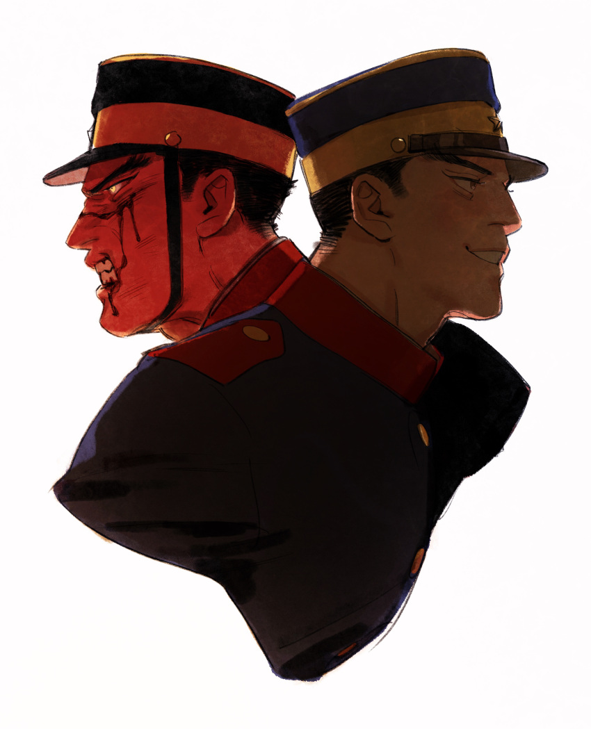 1boy absurdres alternate_hairstyle black_hair blood blood_from_mouth blood_on_face brown_eyes chengongzi123 clenched_teeth collared_jacket glowing glowing_eyes golden_kamuy grin hat highres jacket looking_to_the_side male_focus military_hat military_uniform portrait scar scar_on_face short_hair simple_background smile split_theme sugimoto_saichi teeth uniform very_short_hair white_background