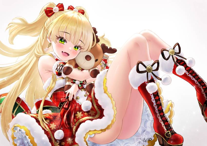 1girl :d artist_name bangs blonde_hair blush boots bow breasts detached_sleeves dress earrings eyebrows_visible_through_hair fangs fur-trimmed_boots fur_trim green_eyes hair_bow high_heel_boots high_heels idolmaster idolmaster_cinderella_girls jewelry jougasaki_rika lips long_hair looking_at_viewer open_mouth pom_pom_(clothes) red_bow red_dress red_footwear revision ring signature simple_background small_breasts smile snowflake_earrings snowflake_print solo striped striped_bow stuffed_animal stuffed_reindeer stuffed_toy two_side_up yapo_(croquis_side)