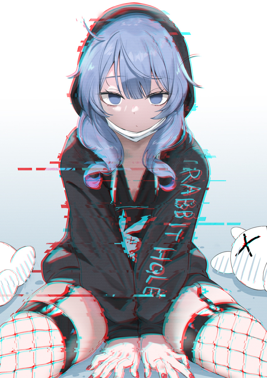 1girl arms_between_legs black_hoodie blank_eyes blue_eyes blue_hair closed_mouth cowboy_shot dot_mouth dot_nose ev_(dai00888) fishnet_thighhighs fishnets glitch hair_between_eyes hatsune_miku highres hood hood_up hoodie legs_apart long_hair long_sleeves looking_at_viewer mask mask_around_neck mouth_mask o_o rabbit_hole_(vocaloid) sidelocks simple_background sitting solo straight-on stuffed_animal stuffed_rabbit stuffed_toy thighhighs thighs vocaloid white_background