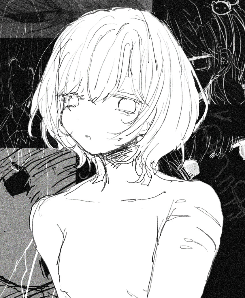 1girl absurdres completely_nude empty_eyes expressionless greyscale highres looking_at_viewer monochrome noroi_(rnatataki) nude original parted_lips self-harm_scar upper_body