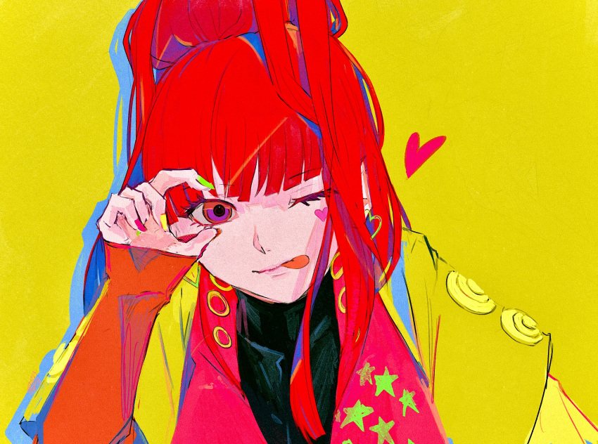 1girl asymmetrical_sleeves blunt_bangs bodysuit breasts earrings fingernails gnosia green_jacket hair_bun heart heart_earrings heart_tattoo high_ponytail highres jacket jewelry lipstick long_sleeves looking_at_viewer makeup mismatched_sleeves nail_polish one_eye_closed pink_eyes red_hair sasatake_(sasatakebe) single_hair_bun solo sq_(gnosia) tattoo turtleneck upper_body