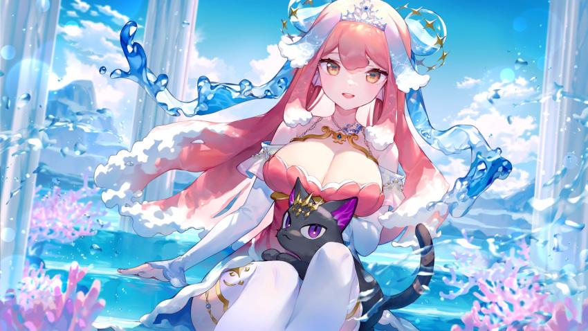 1girl ainy animal_on_lap bare_shoulders black_cat blue_sky breasts cat cleavage coral cross-shaped_pupils day detached_sleeves dress feet_out_of_frame highres large_breasts liquid_hair long_hair looking_at_viewer on_lap open_mouth orange_eyes outdoors pillar pink_dress pink_hair salmon_lordette second-party_source sitting sky solo symbol-shaped_pupils teeth thighhighs tiara upper_teeth_only virtual_youtuber vreverie water white_sleeves white_thighhighs