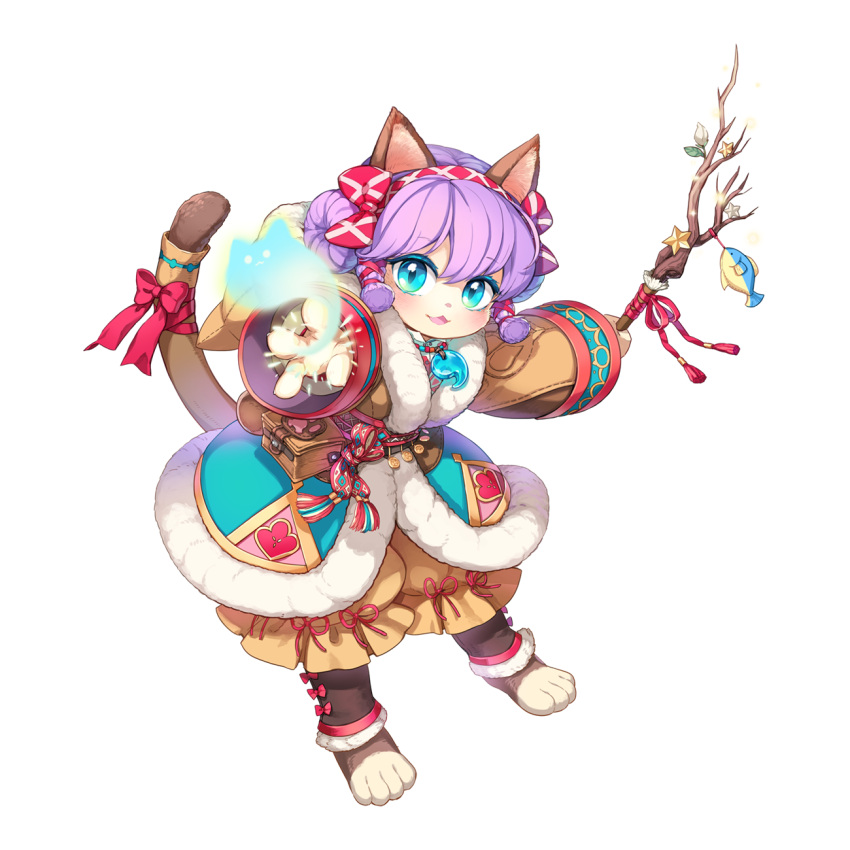 1girl animal_ears barefoot blue_eyes bow brown_coat brown_pants cat_ears cat_girl cat_tail charm_(object) coat double_bun fish_charm full_body fur_coat furry furry_female hair_between_eyes hair_bun hairband highres holding holding_wand jewelry leona_(pixiv) long_sleeves looking_at_viewer magatama magatama_necklace magic medium_bangs necklace official_art open_mouth pants pouch purple_hair ragnarok_online red_bow red_hairband short_hair simple_background smile solo spirit_handler_(ragnarok_online) standing tachi-e tail tail_bow tail_ornament transparent_background wand