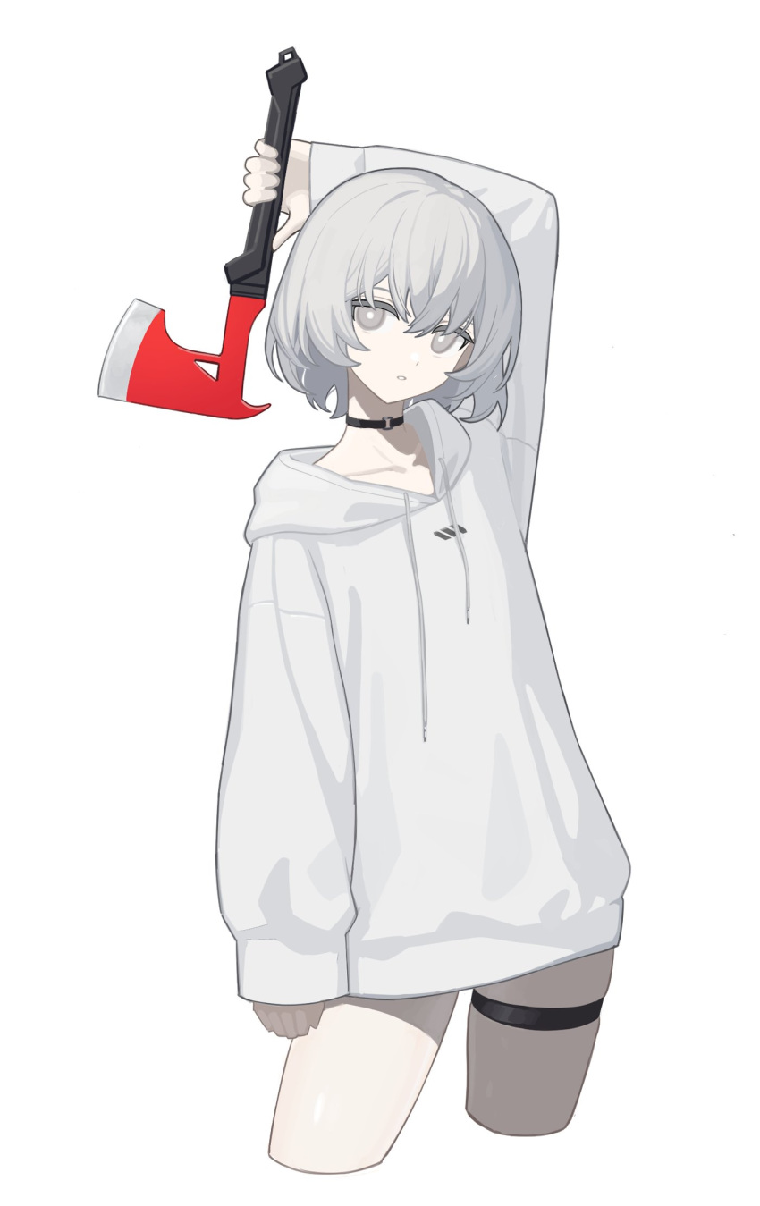 1girl arm_up axe choker grey_eyes highres holding holding_axe hood hoodie kawara_pigeon long_sleeves o-ring o-ring_choker original parted_lips short_hair sleeves_past_wrists solo thigh_strap white_hair