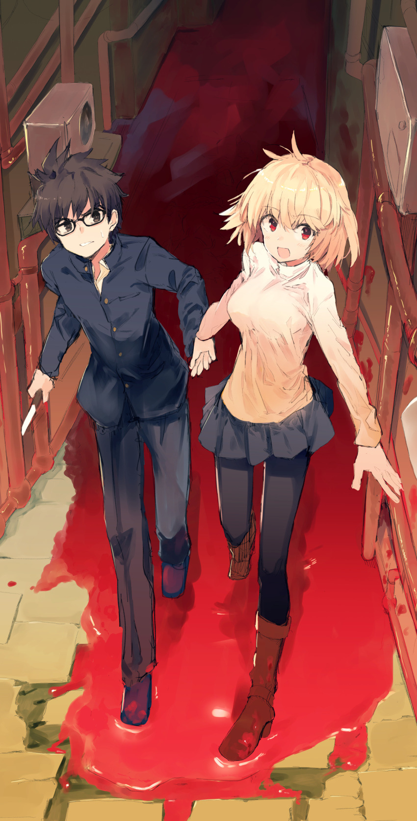 1boy 1girl absurdres air_conditioner alley arcueid_brunestud black-framed_eyewear black_eyes black_hair black_legwear blonde_hair blood blood_on_clothes blue_jacket blue_pants blue_skirt boots brown_footwear commentary glasses hand_grab highres holding holding_knife jacket knife light_blush long_sleeves looking_at_viewer messy_hair microskirt mieharu night open_mouth outdoors pants pantyhose pipes pool_of_blood red_eyes running school_uniform short_hair sketch skirt smile sweatdrop sweater tohno_shiki tsukihime tsukihime_(remake) uniform white_sweater