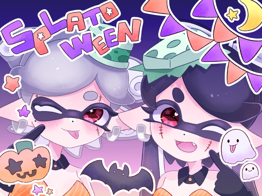 2girls :p bat_(animal) black_collar black_hair bow-shaped_hair callie_(splatoon) collar commentary_request cousins crescent_moon detached_collar earrings fang food food_on_head gradient_background grey_hair halloween halloween_costume highres hoop_earrings inkling jack-o'-lantern jewelry long_hair marie_(splatoon) moon multiple_girls object_on_head one_eye_closed open_mouth pointy_ears purple_background red_eyes red_pupils sheet_ghost short_hair simple_background smile splatoon_(series) splatoon_3 star-shaped_pupils star_(symbol) stitches streamers sushi symbol-shaped_pupils tentacle_hair thick_eyebrows tonbofree tongue tongue_out upper_body