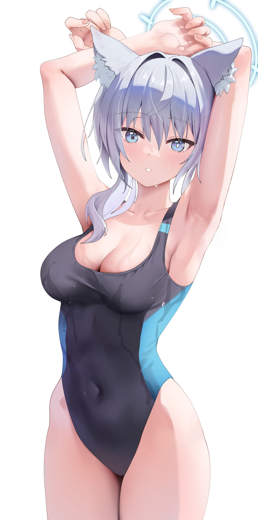 1girl absurdres animal_ear_fluff animal_ears armpits arms_behind_head arms_up blue_archive blue_eyes blue_halo blue_one-piece_swimsuit breasts cleavage collarbone competition_swimsuit covered_navel cowboy_shot hair_between_eyes hair_intakes halo highleg highleg_swimsuit highres looking_at_viewer medium_breasts mismatched_pupils official_alternate_costume official_alternate_hairstyle one-piece_swimsuit open_mouth ponytail rable revision shiroko_(blue_archive) shiroko_(swimsuit)_(blue_archive) simple_background solo swimsuit thick_thighs thighs wet_face white_background wolf_ears