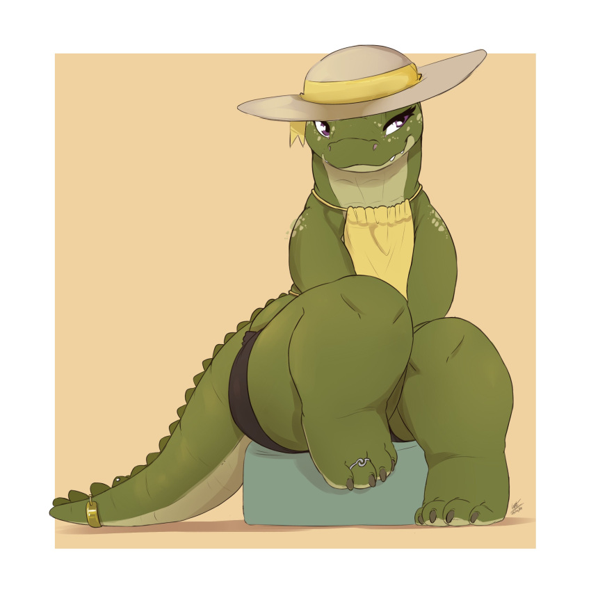 2024 absurd_res clothed clothing crocodilian digital_drawing_(artwork) digital_media_(artwork) green_body hat headgear headwear hi_res looking_at_viewer louart reptile scalie signature simple_background sitting smile tan_background thick_thighs