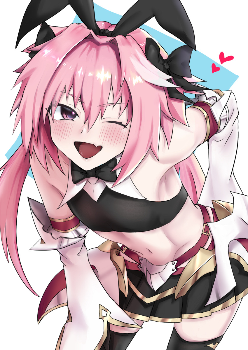 1boy animal_ears arm_behind_back astolfo_(fate) astolfo_(saber)_(fate) black_bow black_bowtie black_gloves black_thighhighs blush bow bowtie crop_top detached_sleeves fake_animal_ears fang fate/grand_order fate_(series) gloves gold_trim hair_bow hair_intakes heart highres long_hair male_focus midriff multicolored_hair one_eye_closed otoko_no_ko pettarou pink_hair pleated_skirt purple_eyes rabbit_ears red_ribbon ribbon skin_fang skirt smile solo streaked_hair thighhighs twintails two-tone_hair very_long_hair white_background white_hair wing_collar