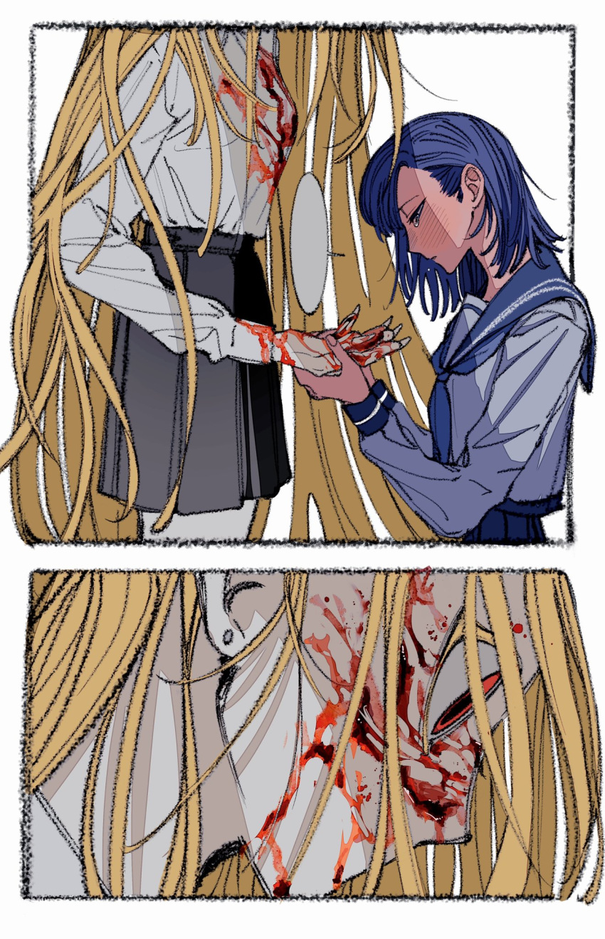 2girls black_skirt blonde_hair blood blood_on_clothes blood_on_face blue_hair blue_neckerchief blue_sailor_collar blue_serafuku blue_shirt blush commentary ear_blush earrings english_commentary fingernails hair_behind_ear highres jewelry long_fingernails long_hair looking_at_another medium_hair multiple_girls naotin3333 neckerchief original parted_lips sailor_collar school_uniform serafuku sharp_fingernails shirt shirt_tucked_in simple_background skirt speech_bubble stud_earrings tears very_long_hair white_background white_shirt yuri