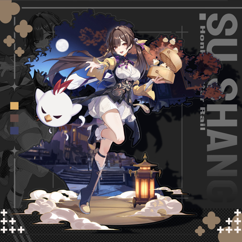 1girl absurdres bamboo_steamer baozi bell bird brown_eyes brown_hair chicken chinese_clothes dumpling food hair_bell hair_ornament high_heels highres holding holding_food honkai:_star_rail honkai_(series) huiqian standing standing_on_one_leg sushang_(honkai:_star_rail) tassel tassel_hair_ornament twintails yellow_sleeves