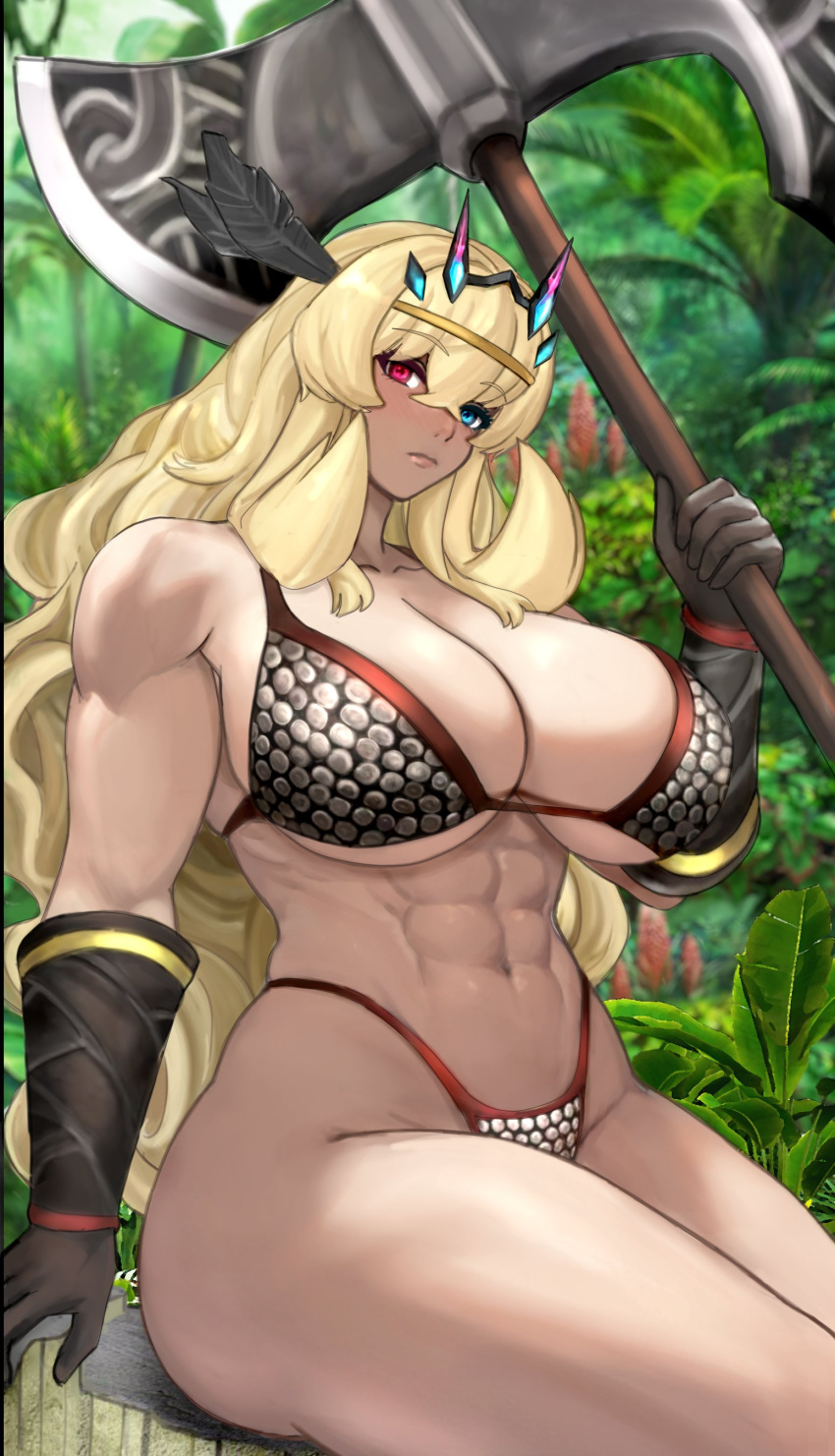 1girl abs absurdres amazon_(dragon's_crown) armor axe bare_shoulders barghest_(fate) battle_axe biceps bikini bikini_armor blonde_hair blue_eyes breasts cleavage cosplay dragon's_crown fate/grand_order fate_(series) forest gloves halberd heterochromia highleg highres holding holding_axe horns huge_breasts large_breasts long_hair looking_at_viewer muscular muscular_female nature navel obliques polearm raskasar red_eyes sitting solo swimsuit thick_thighs thighs tree_stump weapon