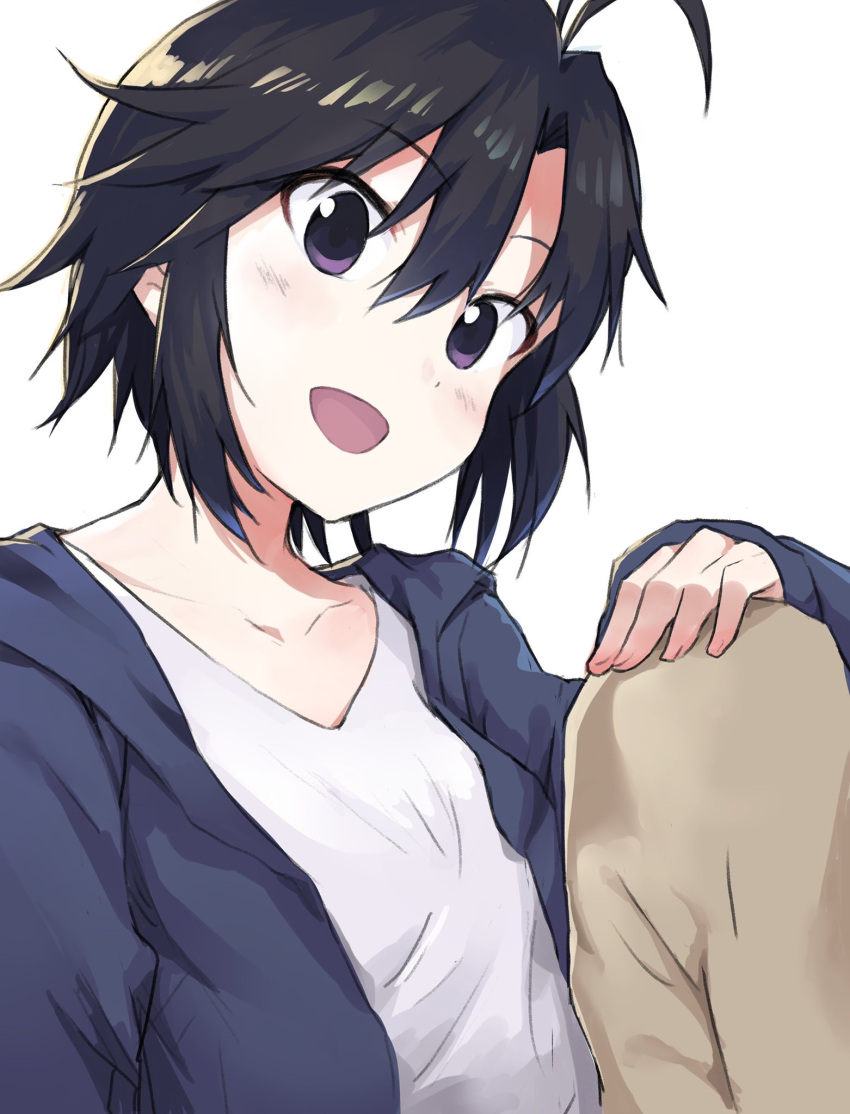 1girl :d ahoge black_hair blue_hoodie hair_between_eyes hand_on_own_knee highres hood hoodie idolmaster idolmaster_(classic) kikuchi_makoto looking_at_viewer open_clothes open_hoodie open_mouth pants purple_eyes shirt short_hair shuucream_(syuichi) simple_background smile solo white_background white_shirt