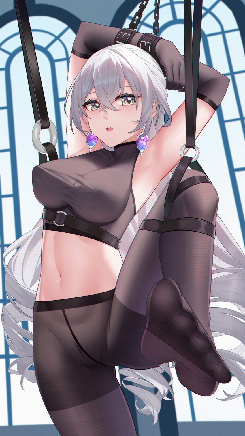 1girl absurdres arms_up black_gloves black_headwear black_pantyhose breasts bronya_rand drill_hair earrings foreshortening gloves grey_eyes grey_hair highres honkai:_star_rail honkai_(series) jewelry long_hair medium_breasts navel pantyhose presenting_foot smile solo wuren