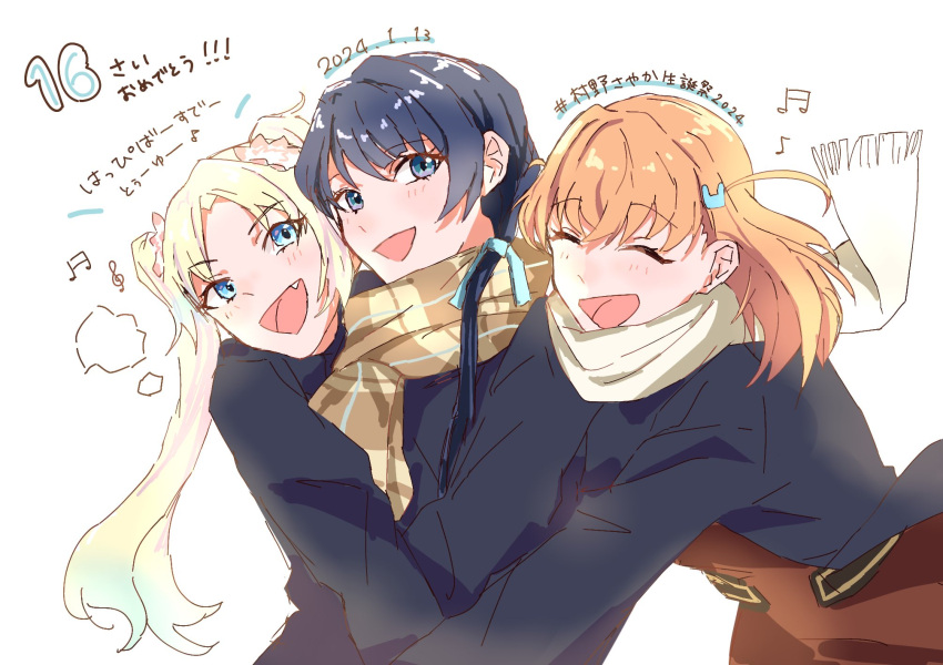 3girls :d beamed_eighth_notes blonde_hair blue_coat blue_eyes blue_hair blue_ribbon breath brown_dress brown_scarf check_commentary check_translation closed_eyes coat commentary_request crossed_bangs dated dress eighth_note fang gradient_hair hair_ornament hair_ribbon happy_birthday hashtag hasu_no_sora_school_uniform highres hinoshita_kaho link!_like!_love_live! long_hair long_sleeves looking_at_another looking_at_viewer love_live! medium_hair multicolored_hair multiple_girls murano_sayaka music musical_note myuu_(mmyu_ull) open_mouth orange_hair osawa_rurino parted_bangs plaid plaid_scarf rabbit_hair_ornament ribbon sailor_dress scarf school_uniform side_ahoge simple_background singing smile swept_bangs translation_request treble_clef two-tone_hair upper_body white_background white_scarf winter_uniform