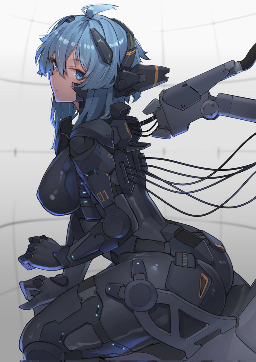 1girl ahoge ass blue_eyes blue_hair breasts hair_ornament headphones highres large_breasts looking_at_viewer numbered original plugsuit rabbit_ears_antenna ringobatake short_hair solo thighs wire