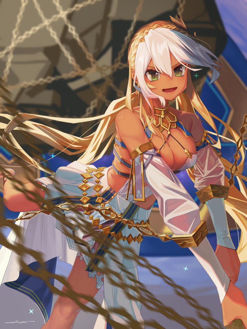 1girl a_ta309 andromeda_(fate) andromeda_(first_ascension)_(fate) armlet bare_shoulders belly_chain blonde_hair blush boulder braid breasts chain cleavage collar crown_braid cuffs dark-skinned_female dark_skin detached_sleeves dress fate/grand_order fate_(series) green_eyes hair_ornament highres jewelry large_breasts long_hair looking_at_viewer low_twintails metal_collar multicolored_hair open_mouth shackles sidelocks smile solo twintails two-tone_hair white_dress white_hair