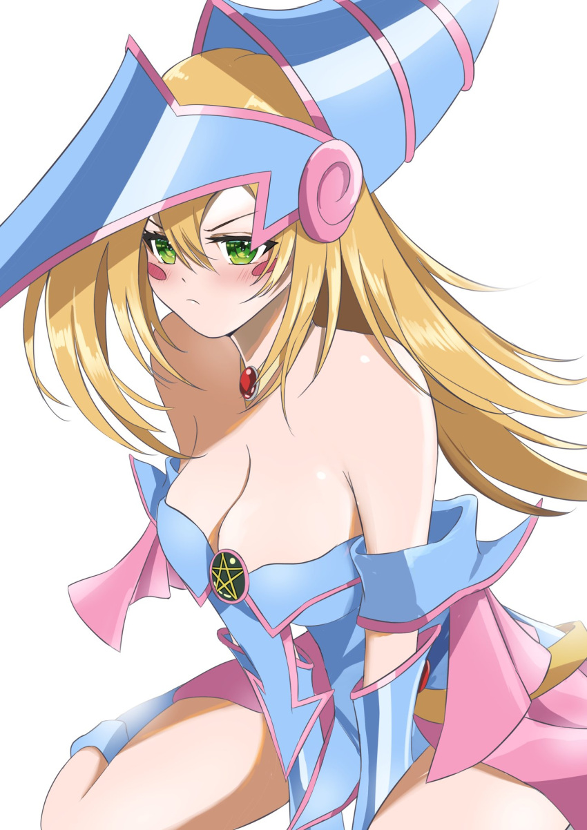 1girl bare_shoulders blonde_hair blue_dress blue_headwear blush blush_stickers breasts cleavage dark_magician_girl dress green_eyes hat highres large_breasts long_hair misakura_aoi off-shoulder_dress off_shoulder simple_background solo witch_hat yu-gi-oh!