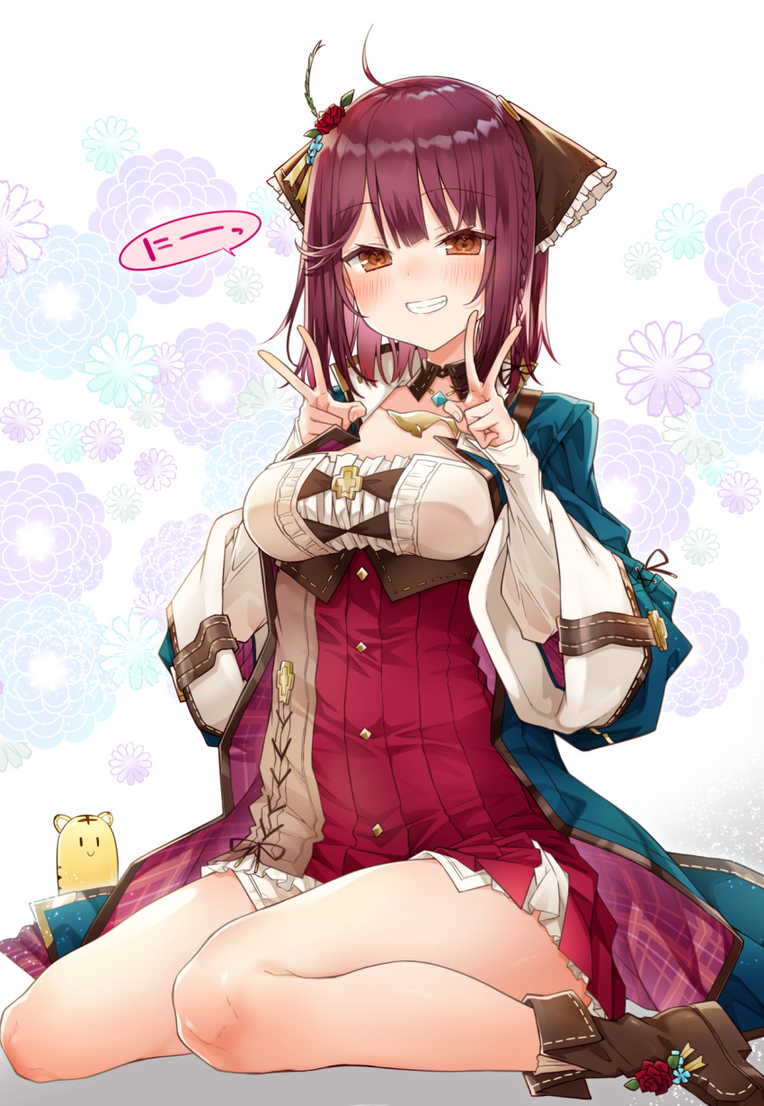 1girl 2022 :d alt_(ctrldel) atelier_(series) atelier_sophie bare_shoulders blue_coat blush boots braid breasts brown_eyes coat commentary_request double_v dress floral_background flower full_body grin hair_flower hair_ornament hands_on_own_chest hands_up happy highres jewelry legs looking_at_viewer medium_breasts medium_hair necklace on_ground open_clothes open_coat red_dress red_hair single_braid sitting smile solo sophie_neuenmuller striped striped_dress thighs v vertical-striped_dress vertical_stripes wide_sleeves