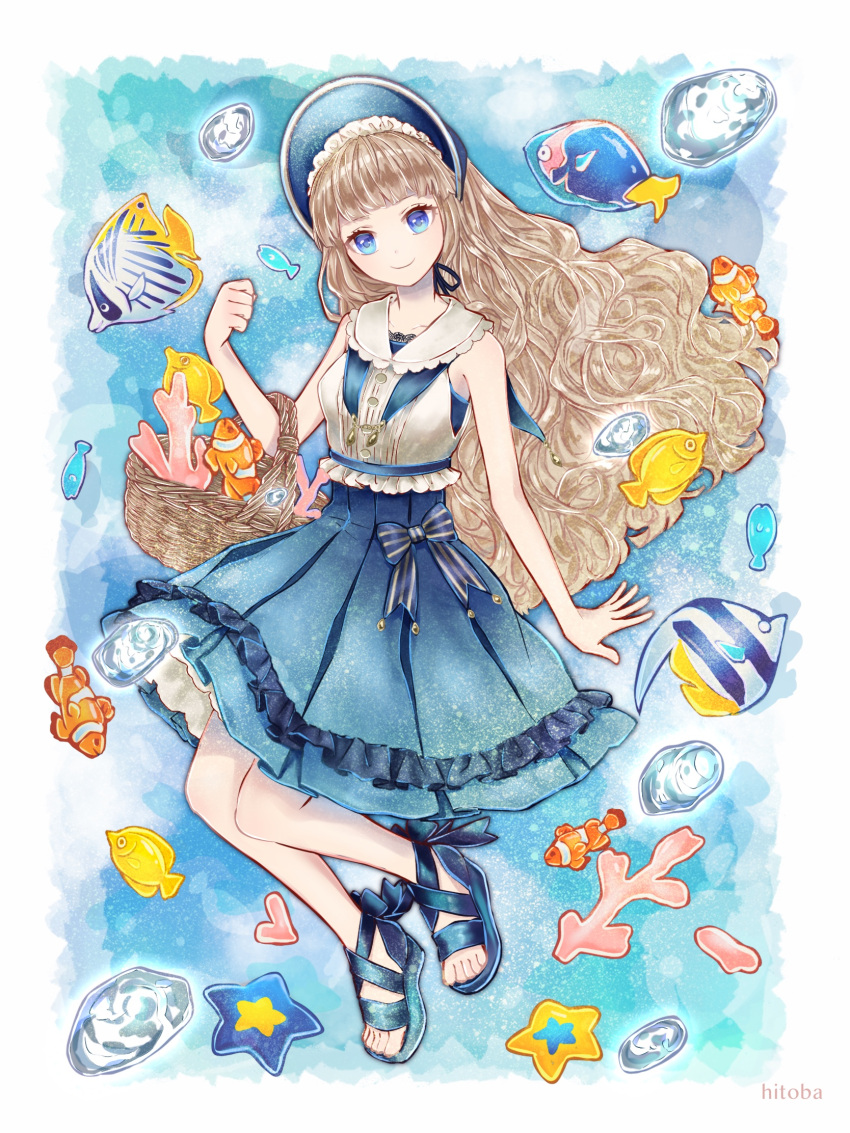 1girl artist_name bare_arms bare_shoulders basket blonde_hair blue_dress blue_eyes blue_footwear bonnet bow breasts bubble butterflyfish closed_mouth clownfish coral curled_fingers dress fish frilled_dress frilled_vest frills full_body hair_ribbon hat head_tilt highres hitoba holding holding_basket layered_dress long_hair looking_at_viewer moorish_idol original ribbon sandals sleeveless sleeveless_dress small_breasts smile solo striped_bow toes tropical_fish very_long_hair vest wavy_hair