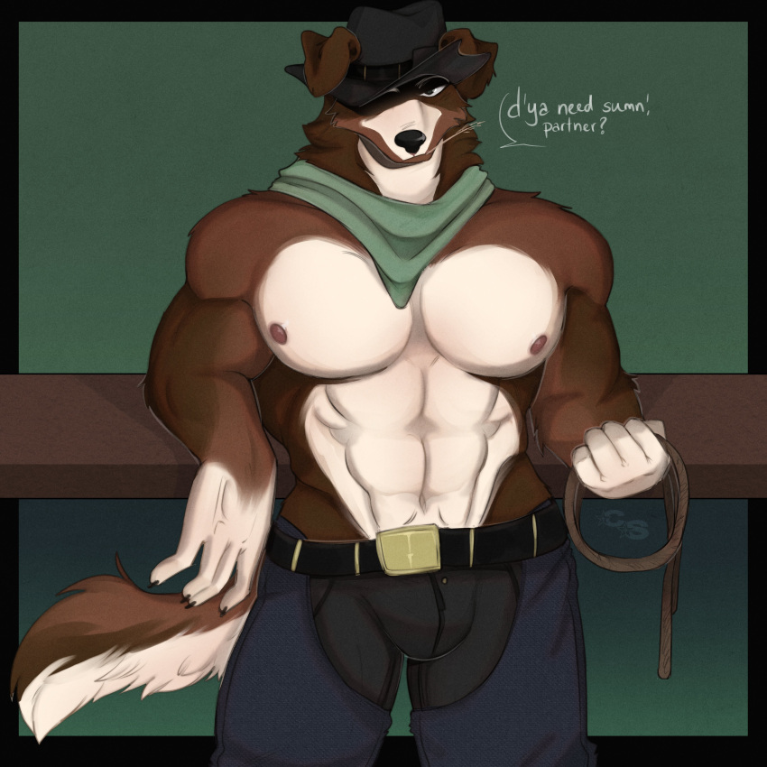 abs absurd_res anthro australian_shepherd bandanna belt big_bulge big_pecs bottomwear brown_body brown_fur bulge canid canine canis cerberussenn chaps claws clothing countershading cowboy cowboy_hat denim denim_bottomwear denim_clothing domestic_dog english_text fur green_background green_eyes hat headgear headwear herding_dog hi_res jeans kennedy_lee_(cerberussenn) kerchief lasso leaning leaning_backward leaning_on_edge male mammal muscular muscular_male neckerchief nipples one_eye_obstructed pants pastoral_dog pecs pubes rope sheepdog shirtless signature simple_background solo speech_bubble tail tan_body tan_countershading tan_fur text wheat wheat_in_mouth