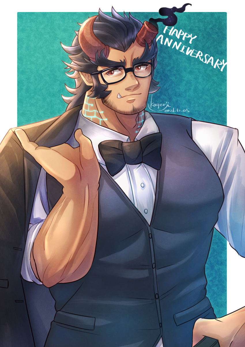 1boy absurdres anniversary bara black-framed_eyewear black_bow black_bowtie bow bowtie broken_horn dark_blue_hair demon_boy demon_horns facial_hair fang formal glasses highres horns jacket jacket_on_shoulders kageru_(mofnyan) large_pectorals long_sideburns male_focus mature_male muscular muscular_male official_alternate_costume pectorals scar scar_on_neck short_hair sideburns solo stubble takemaru_(housamo) thick_eyebrows tokyo_afterschool_summoners upper_body