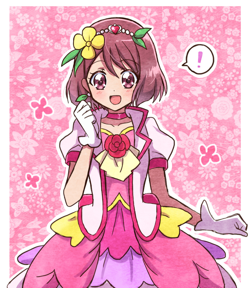 ! 1girl :d blush choker collarbone cosplay cowboy_shot cure_grace cure_grace_(cosplay) dot_nose dress earrings floral_background flower flower_brooch gloves hair_flower hair_ornament hakuchuu hanadera_nodoka healin'_good_precure heart heart_hair_ornament highres jacket jewelry layered_dress looking_at_viewer magical_girl open_mouth pink_background pink_choker pink_dress pink_theme precure red_eyes red_hair self_cosplay short_hair smile solo spoken_exclamation_mark standing straight-on white_gloves white_jacket