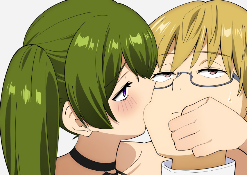 1boy 1girl bare_shoulders biting black_choker blonde_hair blush brown_eyes cheek_biting choker green_hair grey-framed_eyewear highres land_(sousou_no_frieren) long_hair looking_up o-ring o-ring_choker portrait profile purple_eyes sakura_1110ssmm short_hair side_ponytail simple_background sousou_no_frieren sweatdrop ubel_(sousou_no_frieren) white_background