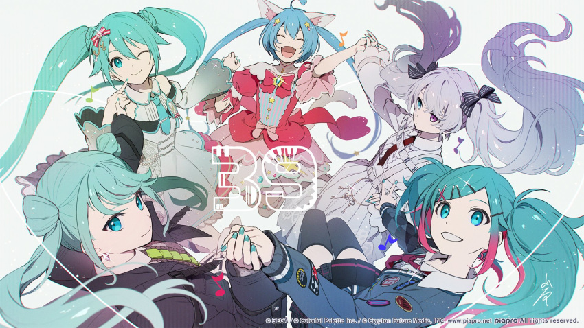 25-ji_miku 25-ji_nightcord_de._(project_sekai) 39 5girls ahoge animal_ears aqua_eyes aqua_hair aqua_nails aqua_necktie armpit_crease back_bow bare_shoulders beads belt black_jacket black_ribbon black_shirt black_skirt black_thighhighs blue_cardigan blue_gemstone blue_hair bow brooch buttons cardigan cat_ears cat_tail center_frills checkered_clothes clenched_teeth closed_eyes closed_mouth collared_dress collared_shirt colored_tips commentary_request detached_sleeves diamond_earrings dot_nose dress dress_shirt earrings eighth_note empty_eyes expressionless fangs finger_to_own_chin fingernails flat_chest floral_print frills gear_print gem gem_hair_ornament glint gradient_sleeves grey_dress grey_hair hair_between_eyes hair_ornament hair_ribbon hair_rings hairclip hand_up hatsune_miku heart heart_ahoge heterochromia high_collar highres holding_hands index_finger_raised iwato1712 jacket jewelry juliet_sleeves key leo/need_(project_sekai) leo/need_miku letter_hair_ornament light_particles long_hair long_skirt long_sleeves looking_at_viewer miku_day more_more_jump!_(project_sekai) more_more_jump!_miku multicolored_hair multiple_girls multiple_persona musical_note nape necktie off-shoulder_dress off_shoulder official_art one_eye_closed open_mouth paperclip paperclip_hair_ornament parted_lips patch pearl_(gemstone) pink_dress pink_gemstone pink_hair pink_necktie pink_ribbon plaid plaid_skirt pleated_skirt polka_dot polka_dot_shirt project_sekai puffy_short_sleeves puffy_sleeves purple_eyes ribbon roman_numeral second-party_source shirt short_sleeves sidelocks silver_trim simple_background single_horizontal_stripe single_vertical_stripe skirt smile star_(symbol) star_brooch star_button star_hair_ornament streaked_hair striped_ribbon suspender_skirt suspenders swept_bangs tail teeth thighhighs tie_clip toggles tsurime twintails two-tone_hair very_long_hair vivid_bad_squad_(project_sekai) vivid_bad_squad_miku vocaloid white_background white_belt white_shirt white_skirt wide_sleeves wonderlands_x_showtime_(project_sekai) wonderlands_x_showtime_miku x_hair_ornament zettai_ryouiki