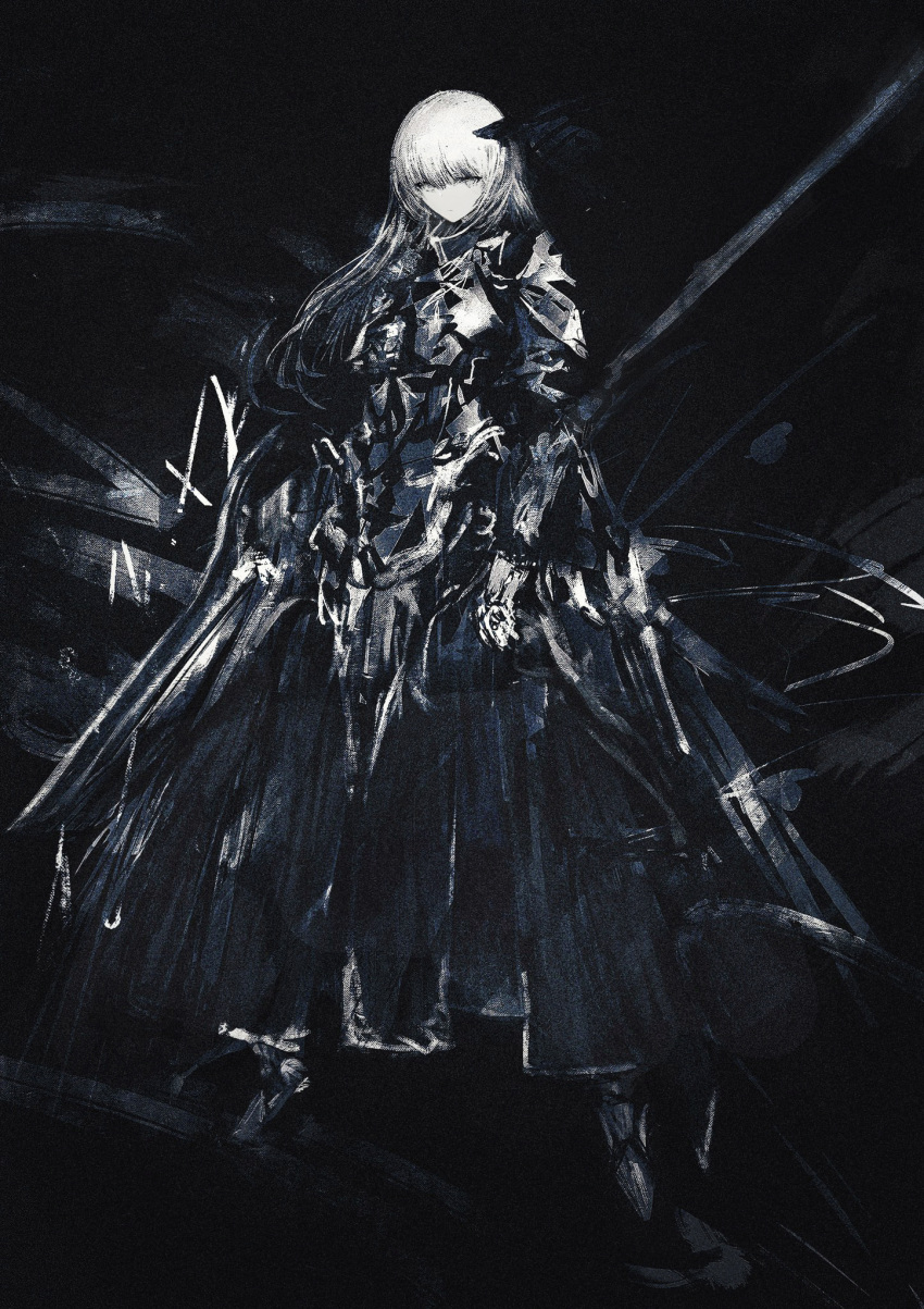 1girl :| armor armored_dress black_background breastplate closed_mouth dark dress expressionless hair_between_eyes highres holding holding_behind_back holding_polearm holding_weapon legs_apart long_bangs long_dress long_hair original pauldrons pleated_dress polearm sabaton shoulder_armor sidelocks simple_background solo spear standing straight_hair tuda6 vambraces weapon white_eyes white_hair