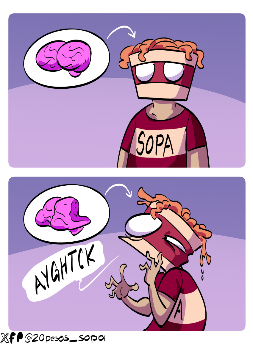 20pesos_sopa absurd_res arrow_sign brain brain_damage clothing comic food for_a_head hi_res humanoid male no_pupils noodles object_head organs pain red_clothing red_shirt red_topwear self_insert shirt solo sopa_(20pesos_sopa) spanish_text speech_bubble standing text topwear