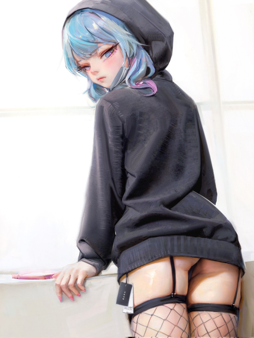 1girl arm_support black_hoodie blue_eyes blue_hair closed_mouth corrupted_twitter_file fishnet_thighhighs fishnets from_behind garter_straps hashtag_only_commentary hatsune_miku highres hood hood_up hoodie long_sleeves looking_at_viewer looking_back mask mask_around_neck miku_day no_pants pink_nails price_tag rabbit_hole_(vocaloid) solo sweetonedollar thighhighs zara_(brand)