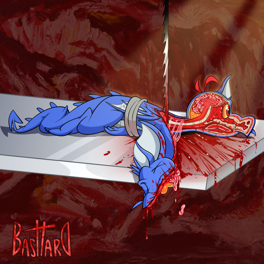 2024 3_fingers absurd_res ambiguous_feral ambiguous_gender basttard belly_scales bisected blood blood_drip blood_string blue_body blue_claws blue_ears blue_scales blue_tail blue_wings bodily_fluids bone brain brain_matter claws countershading death dragon draik_(neopets) dripping esophagus feet feral fingers flesh francis_bacon gore hair hi_res jumpstart_games membrane_(anatomy) membranous_wings mouth_closed mythological_creature mythological_scalie mythology neopet_(species) neopets organs red_background red_eyes red_hair restrained saw scales scalie signature simple_background skull snout solo spade_tail spinal_cord strapped_down tail toe_claws toes tongue tools wings x_eyes yellow_sclera